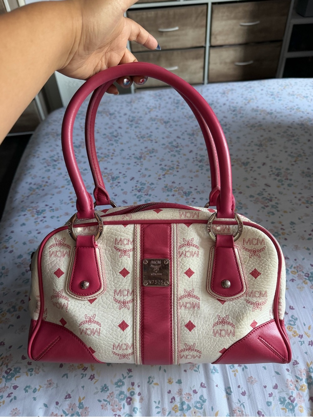MCM Cream & Pink Logo Satchel with Top Handles